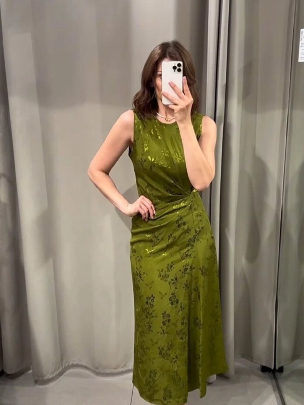 ZARA NWT WOMAN SS24 RUCHED JACQUARD MIDI DRESS GREEN | 3546/565